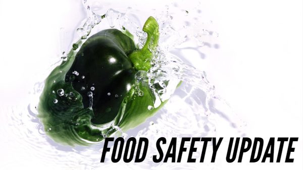 Banner for Food Safety Update of bell pepper splashing into water.