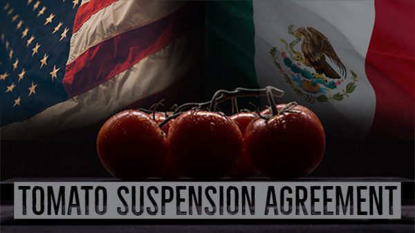 Banner for the Tomato Suspension Agreement with tomatoes and the US and Mexico flags.