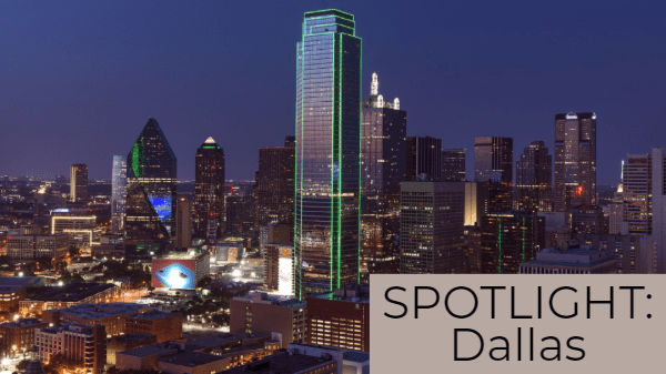 An aerial view of downtown Dallas at night.