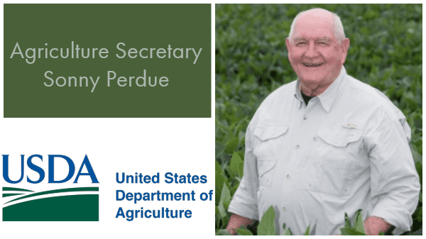 Headshot of Sonny Perdue Agriculture Secretary with USDA logo.