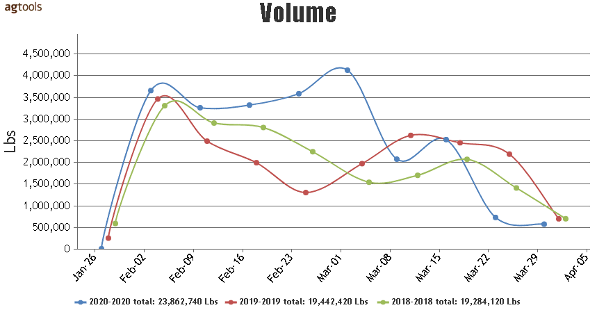 Line graph of the change in volume of broccoli in pounds from January to April 2020.