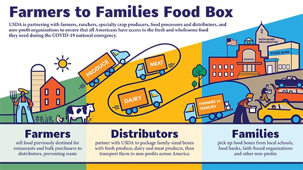 Infographic showing the USDA partnering with farmers, distributors, and non-profits to provide access to food during COVID.
