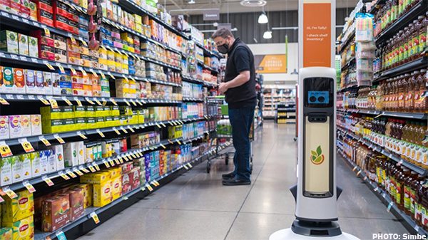 A Tally robot in an aisle at a Save Mart.