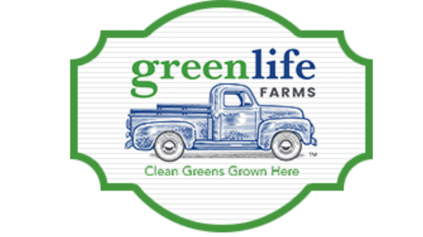 Green Life Farms logo with Clean Greens Grown Here slogan.