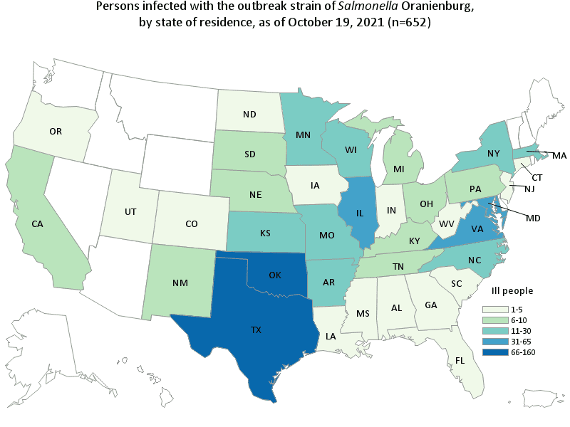 Infographic of persons infected with the outbreak strain of Salmonella Oranienburg, by state in October 19, 2021.