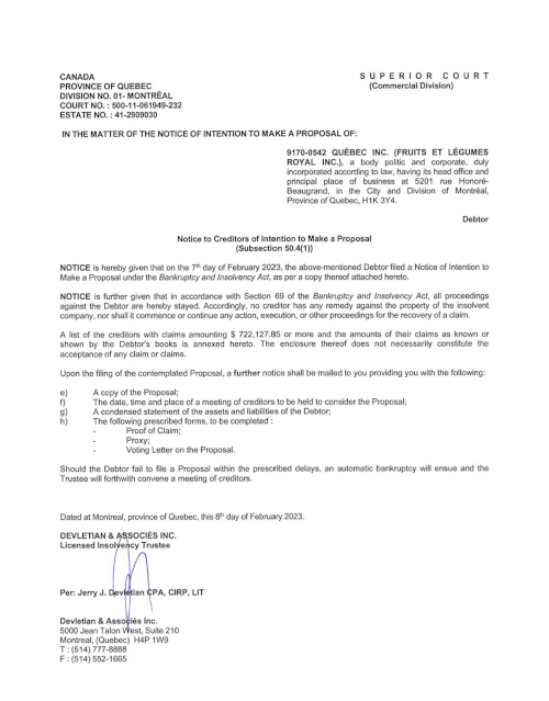 Quebec Inc. Fruits Et Legumes Royal bankruptcy notice